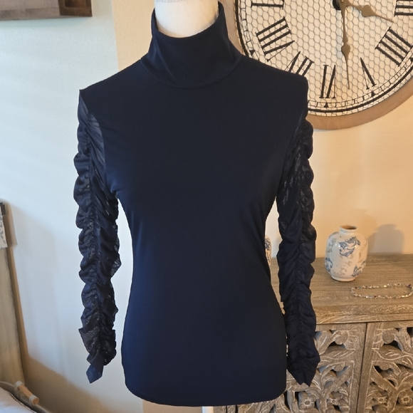 VENUS Tops - VENUS Navy Long Sleeve Top with Ruched Detailed Sleeves Mock Neck